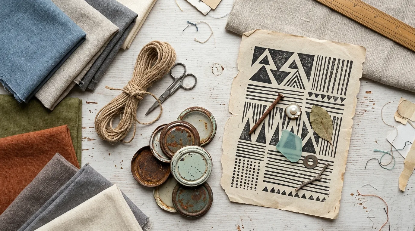 Salvaged and recycled craft materials arranged on a surface